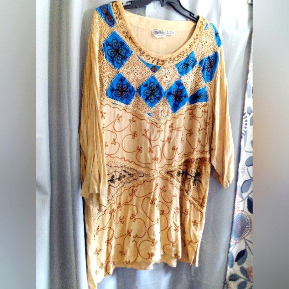 💥CROCHET PATCHWORK RAYON VELVET LONG TUNIC STYLE SHIRT HIPPIE INDIA TOP GYPSY - Picture 1 of 7